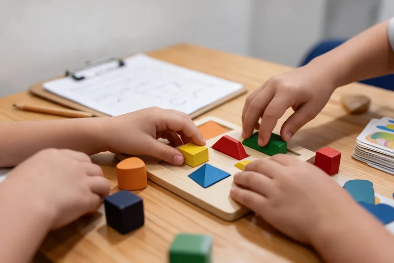 Mãos de criança organizam blocos coloridos ao lado de prancheta durante testagem neuropsicológica