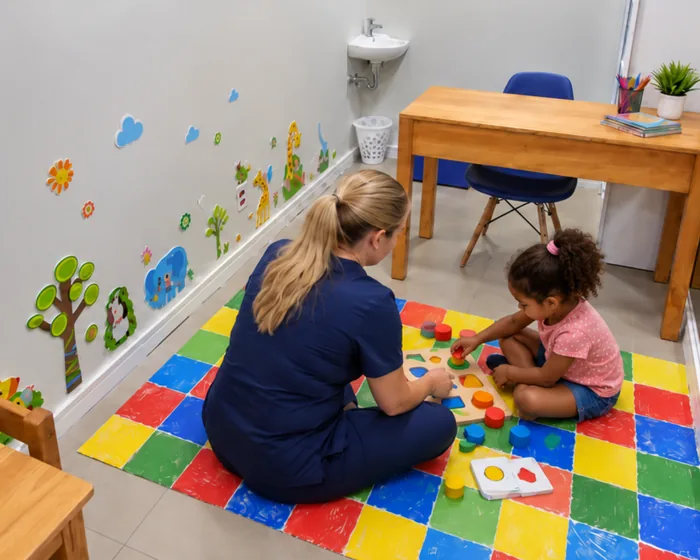 Profissional e menina montam um jogo de encaixe de formas no tapete da sala de atendimento infantil do Instituto Interagir