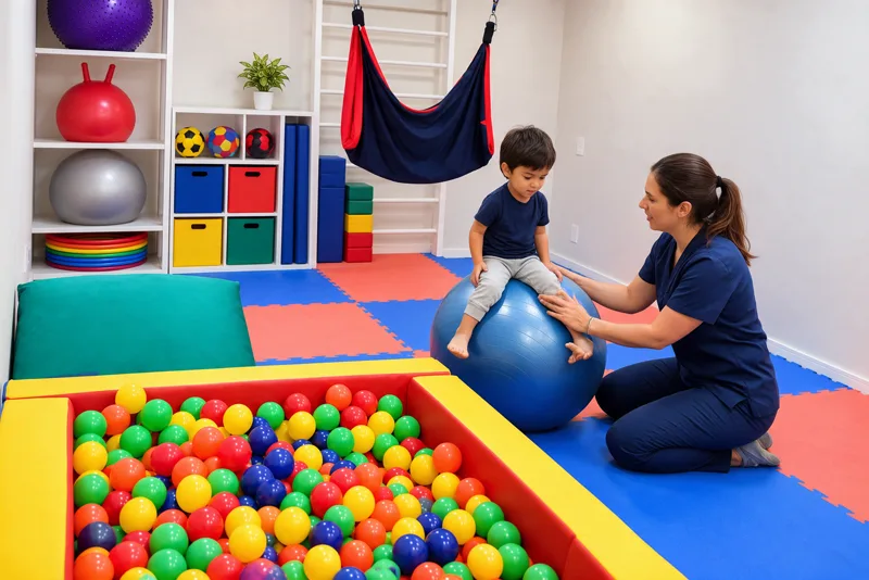 Terapeuta apoia criança em exercício de equilíbrio sobre bola na sala de fisioterapia do Instituto Interagir