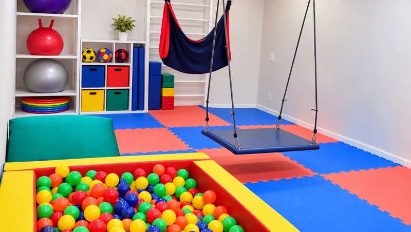 Sala de terapia do Instituto Interagir com tatame colorido, balanço sensorial e materiais de fisioterapia