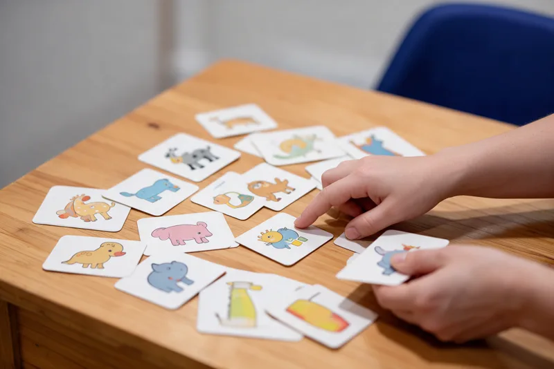 Cartões ilustrados de figuras usados na terapia fonoaudiológica sobre a mesa
