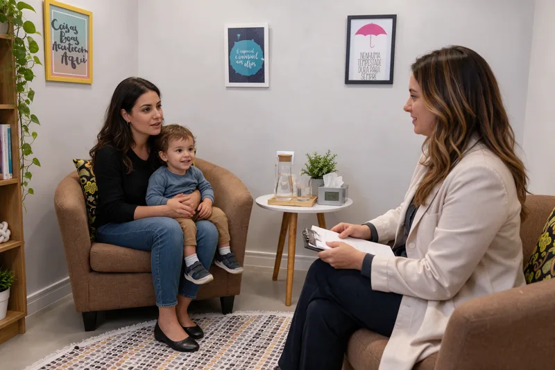 Médica conversa com mãe e criança pequena em consulta acolhedora de neuropediatria no Instituto Interagir