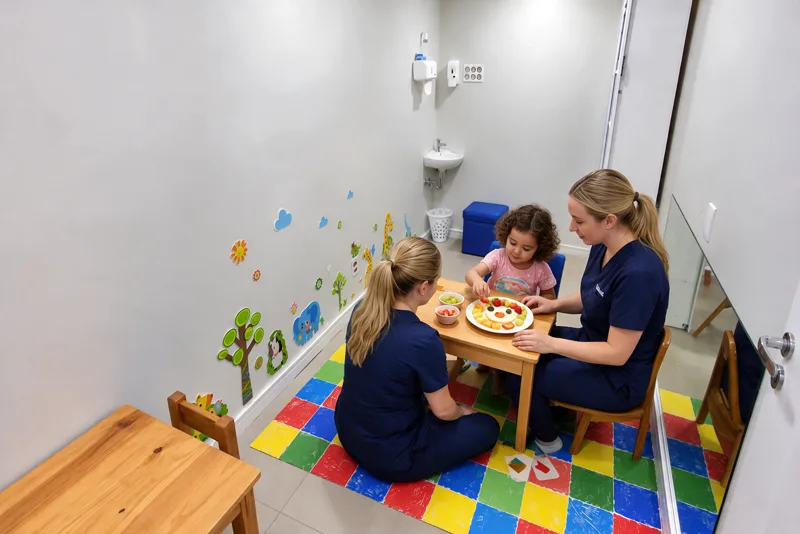 Nutricionista e criança montam prato divertido de frutas em atendimento de nutrição comportamental no Instituto Interagir