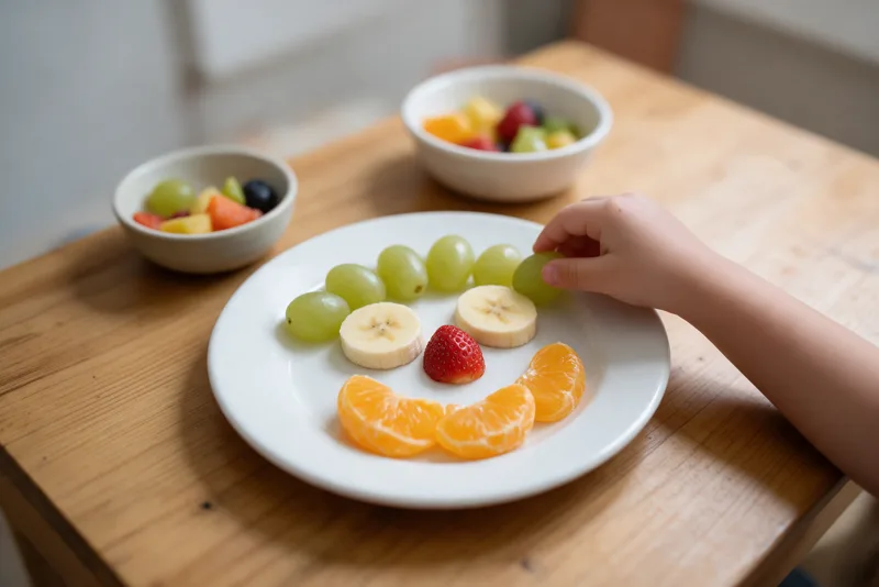 Mão de criança monta carinha sorridente com frutas no prato durante atividade de nutrição
