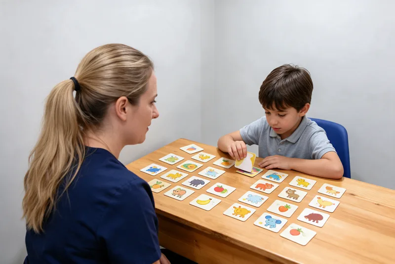 Profissional e criança jogam jogo da memória com figuras em atendimento de psicopedagogia no Instituto Interagir
