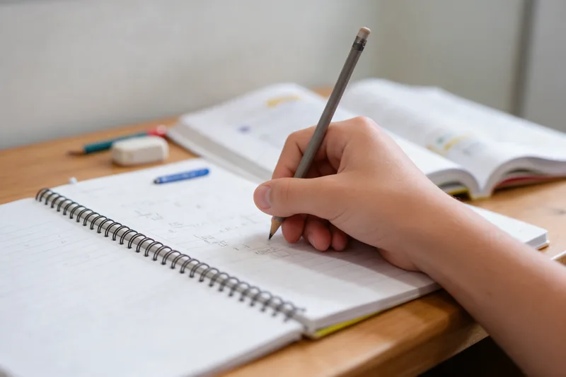 Mão de estudante escreve a lápis no caderno com livro didático ao fundo
