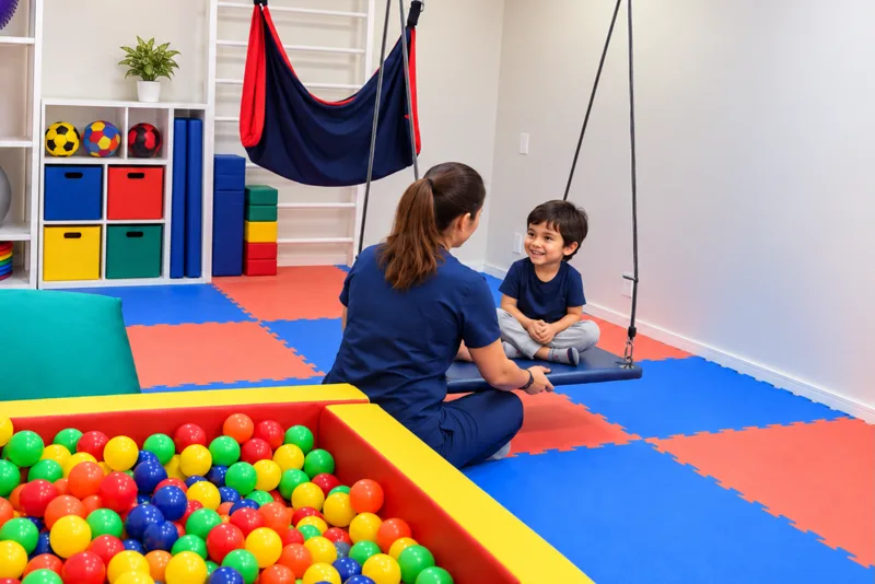 Terapeuta acompanha criança no balanço da sala de integração sensorial