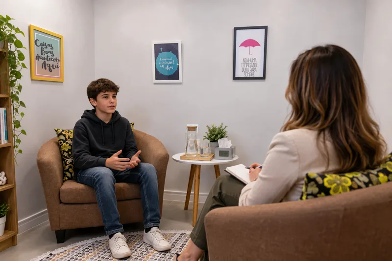 Adolescente conversa com profissional na sala de atendimento do Instituto Interagir