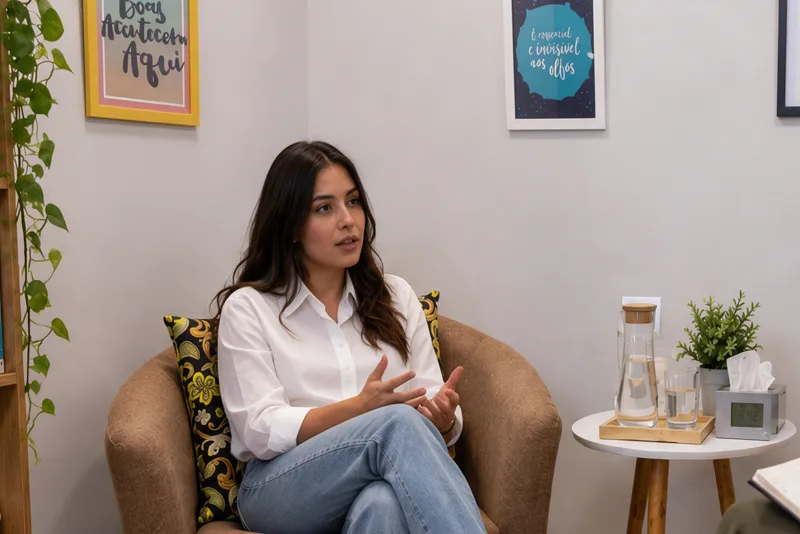 Mulher adulta fala com a profissional durante atendimento individual no Instituto Interagir