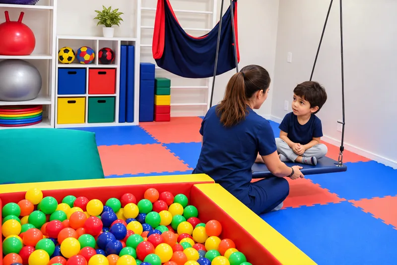 Terapeuta conversa com criança sentada no balanço da sala de integração sensorial do Instituto Interagir