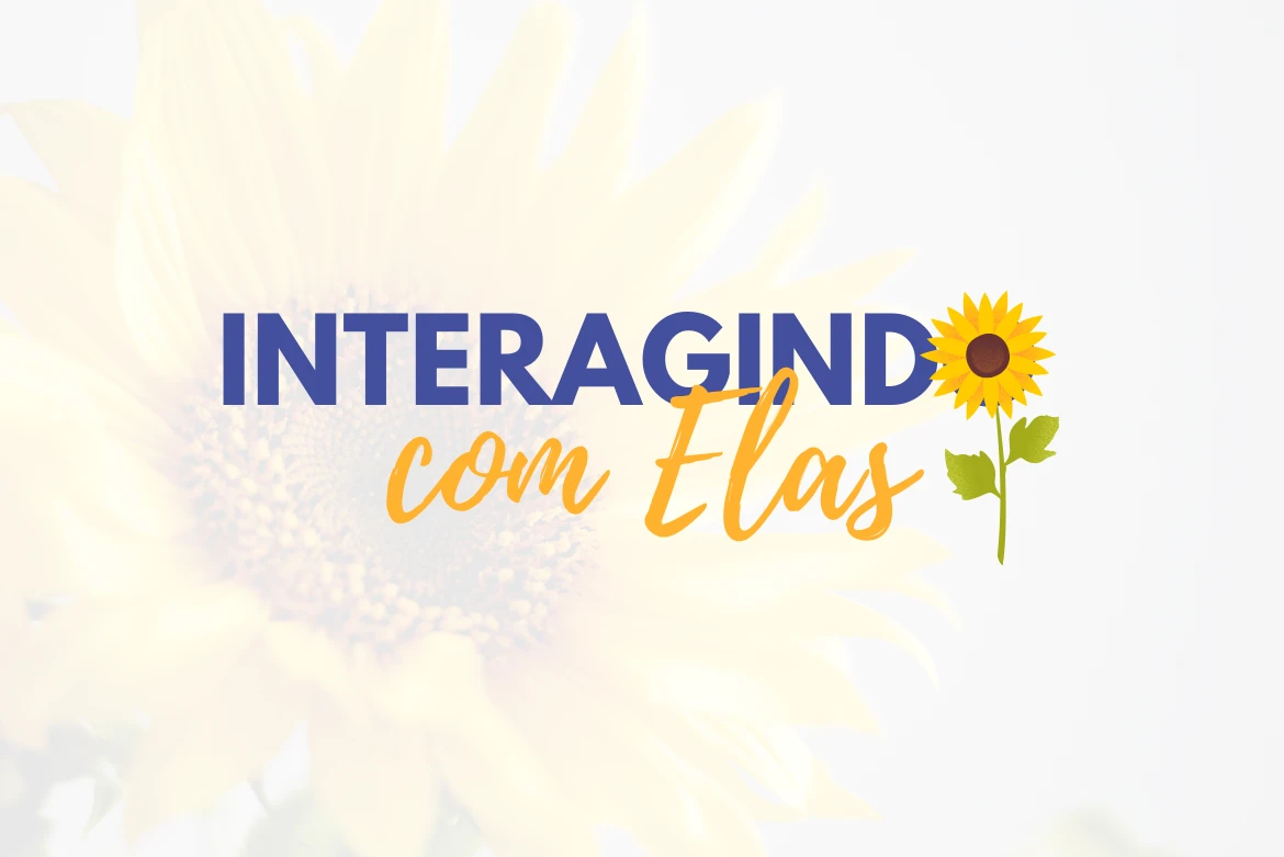 Logotipo do Interagindo com Elas, com tipografia azul e amarela e um girassol