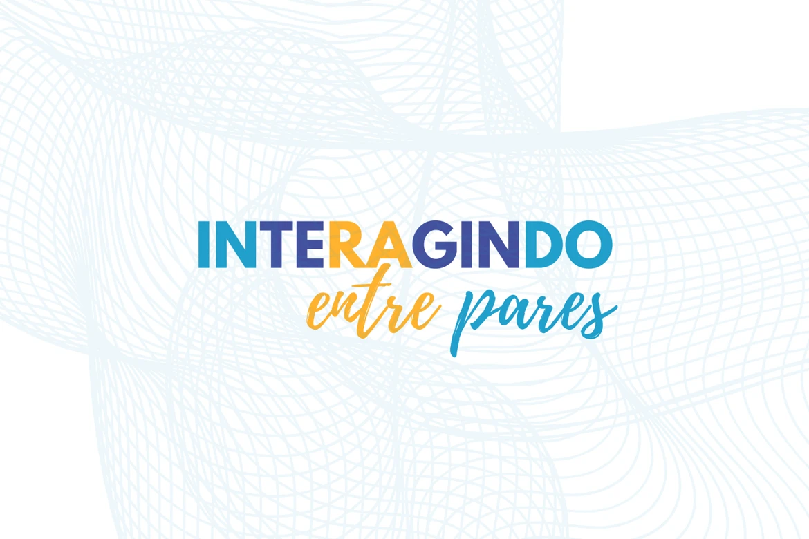 Logotipo do Interagindo entre Pares, com tipografia azul, amarela e ciano